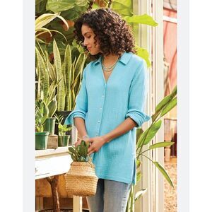 Soft Surroundings Escambia Cotton Gauze Shirt Tunic Slits Turquoise‎ MP